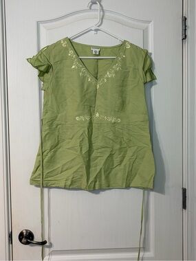 Motherhood Maternity Light Green V-Neck Tie Waist Embroidered Top